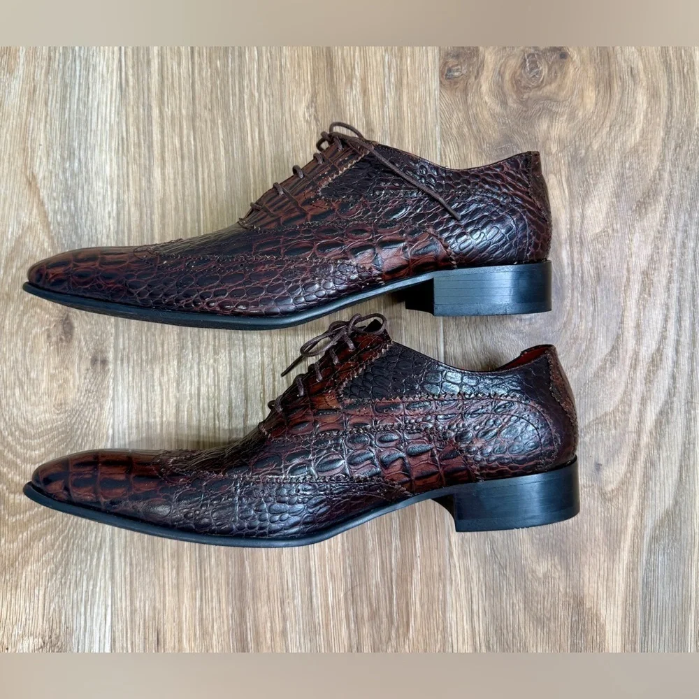 Fertini MEN'S SHOES ALLIGATOR PRINT / CALF-SKIN LEATHER OXFORDS Size 41/8 LNC
